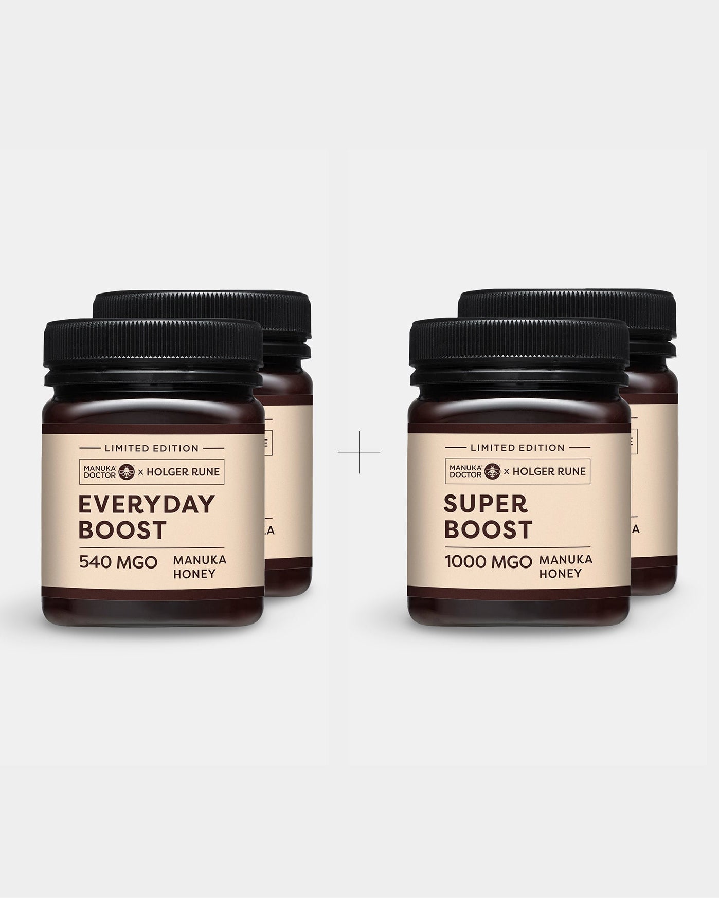 Duo mix, Manuka Everyday Boost 540 MGO x2 + Manuka Super Boost 1000 MGO x2 certified performance Manuka honey